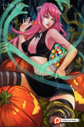 Rule 34 | 1girl, breasts, candy, cleavage, cleavage cutout, clothing cutout, elfen lied, food, halloween, hassly, highres, horns, jack-o&#039;-lantern, long hair, lucy (elfen lied), medium breasts, monster girl, neftali hinojosa, pink hair, pumpkin, red eyes, see-through, sheer top, sideboob, skirt, striped clothes, striped thighhighs, thighhighs, vectors, vest