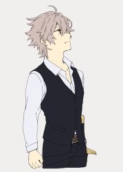 Rule 34 | 1boy, ahoge, arm at side, belt, black pants, fate/apocrypha, fate (series), long sleeves, madara-ame, male focus, pants, red eyes, scabbard, sheath, sheathed, shirt, short hair, sieg (fate), silver background, silver hair, solo, standing, sword, waistcoat, weapon, white shirt