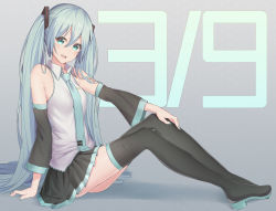 Rule 34 | 1girl, 39, aqua eyes, aqua hair, aqua nails, aqua necktie, arm support, bare shoulders, bib (bibboss39), black skirt, black sleeves, black thighhighs, boots, detached sleeves, from side, full body, grey shirt, hair ornament, hand on own knee, hatsune miku, highres, long hair, looking at viewer, miniskirt, nail polish, necktie, open mouth, piano print, pleated skirt, shirt, shoulder tattoo, sitting, skirt, sleeveless, sleeveless shirt, smile, solo, tattoo, thigh boots, thighhighs, twintails, very long hair, vocaloid