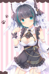 Rule 34 | 1girl, apron, azur lane, black apron, black hair, bow, breasts, cheshire (azur lane), cleavage, closed mouth, commentary request, detached sleeves, dress, fang, fang out, frilled apron, frilled bow, frills, green eyes, green hair, hair bow, hand up, highres, kedama (kedama akaza), long sleeves, maid, maid headdress, medium breasts, multicolored hair, puffy long sleeves, puffy sleeves, resolution mismatch, sleeveless, sleeveless dress, smile, solo, source smaller, streaked hair, striped, striped background, vertical stripes, white bow, white dress, white sleeves, wrist cuffs