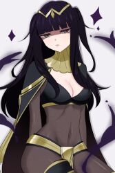 Rule 34 | 1girl, black hair, blunt bangs, bodystocking, breasts, cape, cleavage, closed mouth, covered navel, fire emblem, fire emblem awakening, gmais2514, gold trim, long hair, looking at viewer, medium breasts, nintendo, solo, tharja (fire emblem), tiara, twintails