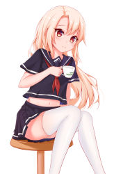 Rule 34 | 1girl, absurdres, ass, bad id, bad pixiv id, black shirt, black skirt, blonde hair, blush, catnnn, chair, commentary request, cup, fate/stay night, fate (series), feet out of frame, flat chest, highres, holding, holding cup, illyasviel von einzbern, long hair, looking at viewer, navel, panties, red eyes, revision, school uniform, shirt, simple background, sitting, skirt, smile, solo, thighhighs, underwear, white background, white panties, white thighhighs