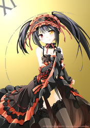 Rule 34 | 10s, 1girl, bare shoulders, black hair, breasts, choker, cleavage, clock, date a live, detached sleeves, dress, garter belt, gothic lolita, hairband, heterochromia, lolita fashion, lolita hairband, long hair, looking at viewer, minazoi kuina, red dress, ribbon choker, solo, symbol-shaped pupils, thighhighs, tokisaki kurumi, twintails, uneven twintails, yellow eyes