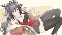 Rule 34 | 1girl, animal ears, antlers, arknights, bandeau, bare shoulders, black shorts, black thighhighs, breasts, cat ears, fake antlers, feet out of frame, fengyin shici guozi, grey hair, hair between eyes, highres, horns, jacket, long hair, looking at viewer, medium breasts, off shoulder, official alternate costume, open clothes, open jacket, red shirt, schwarz (arknights), schwarz (presents) (arknights), shirt, short shorts, shorts, sleeveless, sleeveless shirt, solo, strapless, thighhighs, thighs, tube top, yellow eyes