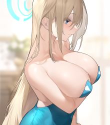 Rule 34 | 1girl, arm under breasts, asuna (blue archive), asuna (bunny) (blue archive), bare shoulders, blonde hair, blue archive, blue eyes, blue leotard, blurry, blurry background, blush, breasts, cleavage, closed mouth, collarbone, depth of field, from side, hair between eyes, hair over one eye, large breasts, leotard, light brown hair, long hair, mole, mole on breast, mole under eye, momera, official alternate costume, playboy bunny, solo, strapless, strapless leotard, sweat, very long hair