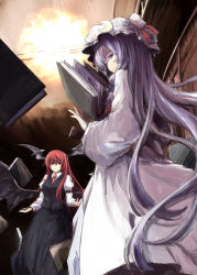 Rule 34 | 2girls, armband, bat wings, book, bookshelf, ceiling, crescent, dress shirt, expressionless, from below, hat, hat ribbon, head wings, koakuma, lefthand, levitation, light smile, long hair, looking at another, looking at viewer, mob cap, multiple girls, necktie, open book, patchouli knowledge, purple eyes, purple hair, red eyes, red hair, ribbon, robe, royal flare, shirt, sideways glance, skirt, touhou, very long hair, vest, wings