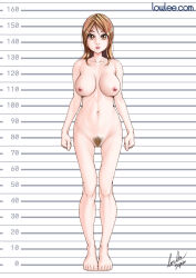 Rule 34 | 1girl, :o, arms at sides, barefoot, blonde hair, breasts, brown eyes, brown hair, collarbone, completely nude, curvy, feet, female focus, female pubic hair, full body, groin, height chart, highres, large breasts, legs, long hair, lowleecom, navel, nipples, no shoes, no socks, nude, open mouth, pubic hair, pussy, solo, standing, thighs, toes, uncensored