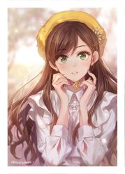 Rule 34 | 1girl, artist name, blurry, blush, brown hair, character request, collared shirt, copyright request, depth of field, earrings, green eyes, hagiwara rin, hair ornament, hairclip, holding, holding key, jewelry, key, lips, long hair, long sleeves, looking at viewer, nail polish, open mouth, shirt, solo, swept bangs, teeth, tree, upper body, wavy hair, white shirt, yellow headwear