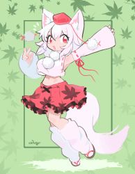 Rule 34 | 1girl, :d, animal ear fluff, animal ears, arm up, armpits, artist name, bare shoulders, breasts, ceroblitz, crop top, full body, green background, highres, inubashiri momiji, leg warmers, looking at viewer, medium breasts, navel, open mouth, pom pom (clothes), red eyes, red skirt, sandals, shirt, short hair, skirt, smile, socks, solo, tail, touhou, white hair, white shirt, white sleeves, white socks, wolf ears, wolf girl, wolf tail, zouri