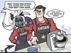 Rule 34 | 1boy, 1girl, :/, apron, arm hair, arm up, bench, big hair, black apron, black hair, black horns, black skin, bowl, breasts, clenched hands, closed mouth, clothes writing, collarbone, collared shirt, colored skin, cup, demon girl, demon tail, drinking glass, english text, closed eyes, flour, forehead, glasses, hair intakes, hand on own hip, hand up, happy, helltaker, helltaker (character), horns, judgement (helltaker), long hair, long sleeves, looking at another, medium breasts, mixer (cooking), mixing bowl, open mouth, pince-nez, ponytail, red shirt, roman numeral, shaded face, sharp teeth, shirt, short hair, simple background, sleeves rolled up, smile, speech bubble, star (symbol), sugar (food), sunglasses, tail, talking, teeth, two-tone background, v-shaped eyebrows, vanripper, white background, white hair