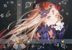 Rule 34 | 1girl, abigail williams (fate), text background, black dress, blonde hair, blue eyes, bow, bug, butterfly, character name, commentary request, copyright name, dress, fate/grand order, fate (series), hair bow, heterochromia, highres, insect, keyhole, long hair, looking at viewer, multicolored eyes, multiple hair bows, orange bow, ota (ota-0000), parted bangs, purple bow, purple eyes, sleeves past wrists, solo, third eye, upper body, very long hair