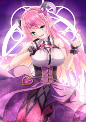 Rule 34 | 1girl, absurdres, arm strap, asymmetrical horns, bare shoulders, blonde hair, bow, bowtie, breasts, canna 819, chest harness, commentary request, demon girl, demon horns, green eyes, grin, hair ornament, harness, headphones, headphones around neck, heart, highres, hololive, horn bow, horn ornament, horns, long hair, looking at viewer, mano aloe, multicolored hair, nail polish, pink bow, pink bowtie, pink hair, pointy ears, shirt, skirt, sleeveless, sleeveless shirt, smile, solo, teeth, two-tone hair, uneven horns, virtual youtuber, white shirt, wrist cuffs