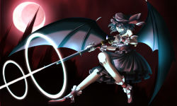 Rule 34 | 1girl, adapted costume, alternate weapon, ankle cuffs, antique firearm, arm garter, bare shoulders, bat wings, blue hair, crescent moon, dress, fangs, firearm, firelock, firing, flintlock, flying, grin, gun, hat, hat ribbon, head tilt, highres, looking to the side, mary janes, mob cap, moon, musket, one eye closed, red eyes, red footwear, red sky, remilia scarlet, ribbon, shimomu (shimom2), shoes, short hair, sky, smile, solo, strapless, strapless dress, touhou, weapon, wings, wrist cuffs