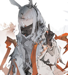 Rule 34 | 1girl, absurdres, animal ear fluff, animal ears, arknights, black gloves, black scarf, candy, cloak, closed mouth, dress, food, frostnova (arknights), gloves, grey dress, grey eyes, hair ornament, hair over one eye, hairclip, highres, holding, holding candy, holding food, jumbowhopper, long hair, long sleeves, orange armband, rabbit ears, rabbit girl, scar, scar on face, scar on nose, scarf, smile, solo, upper body, white background, white cloak, white hair