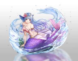 Rule 34 | 1girl, absurdres, armlet, bad id, bad pixiv id, bare shoulders, bead bracelet, beads, blue eyes, blue hair, blue nails, bracelet, breasts, brooch, cleavage, coral, fins, full body, grey background, gya (144), head fins, highres, jewelry, long hair, looking at viewer, medium breasts, mermaid, monster girl, nail polish, open mouth, original, ring, shell hair ornament, sitting, smile, solo, starfish hair ornament, water, wristband
