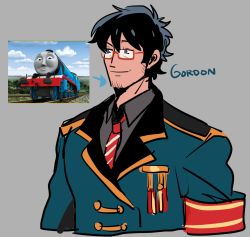 Rule 34 | 1boy, bad id, bad twitter id, black hair, facial hair, glasses, gordon the big engine, grey background, kendy (revolocities), male focus, personification, red-framed eyewear, short hair, simple background, solo, stubble, thomas the tank engine, uniform, upper body