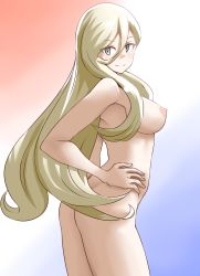 Rule 34 | 1girl, 30-06, armpits, bad id, bad pixiv id, blonde hair, blue eyes, breasts, commentary request, completely nude, cowboy shot, french flag, gradient background, hair between eyes, highres, kantai collection, long hair, mole, mole under eye, mole under mouth, nipples, nude, richelieu (kancolle), solo, thighs