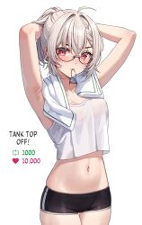 Rule 34 | 1girl, armpits, arms up, black shorts, blush, commentary, crossed bangs, english commentary, english text, glasses, grey hair, hair between eyes, hair tie in mouth, hands in hair, highres, indie virtual youtuber, looking at viewer, medium hair, meme, mouth hold, navel, red eyes, saruei, saruei (vtuber), shirt, short shorts, shorts, simple background, sleeveless, solo, stomach, twitter strip game (meme), tying hair, virtual youtuber, white background, white shirt