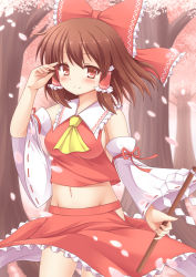 Rule 34 | 1girl, ascot, blush, bow, breasts, brown hair, cherry blossoms, detached sleeves, female focus, gohei, hair bow, hair tubes, hakurei reimu, highres, japanese clothes, midriff, miko, navel, no bra, petals, red eyes, short hair, side slit, sideboob, small breasts, smile, solo, touhou, tree, yuu (yu0221f)