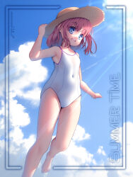 Rule 34 | 1girl, absurdres, barefoot, blue eyes, blue sky, cloud, competition school swimsuit, covered navel, hat, highres, light rays, one-piece swimsuit, open mouth, original, red hair, round teeth, school swimsuit, short hair, sky, smile, solo, straw hat, sun hat, sunbeam, sunlight, swimsuit, teeth, upper teeth only, white one-piece swimsuit, zet (globalgears)