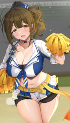 Rule 34 | 1girl, :d, belt, bike shorts, bike shorts under skirt, blue shirt, breasts, brown hair, cheerleader, choker, cleavage, collarbone, crop top, front-tie top, highres, holding, idolmaster, idolmaster shiny colors, kuwayama chiyuki, large breasts, long hair, looking at viewer, midriff, miniskirt, navel, open mouth, pleated skirt, pom pom (cheerleading), ponytail, shirt, short shorts, short sleeves, shorts, skirt, smile, solo, stomach, sweatdrop, tem10, thighs, white skirt, yellow eyes