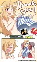 Rule 34 | !, 2boys, 2koma, :d, androgynous, bandana, bare arms, belt, belt buckle, blank eyes, blonde hair, blush, boxers, buckle, closed eyes, comic, commentary, english commentary, english text, flying sweatdrops, gradient background, highres, hinghoi, holding, holding clothes, holding shorts, long hair, looking at viewer, male focus, male underwear, marco rossi, metal slug, multiple boys, open mouth, pants, patreon username, prisoner of war (metal slug), red eyes, shorts, smile, striped clothes, striped shorts, tearing up, thank you, topless male, trap, underwear, unworn shorts, upper body, vertical-striped clothes, vertical-striped shorts, vest, watermark, wavy mouth, web address, yaoi