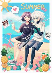 Rule 34 | 2boys, :d, beach, bicycle, black shirt, blush, border, cheer (cheerpuppy14), closed eyes, cloud, cocktail, collarbone, commentary, commission, cup, danganronpa (series), danganronpa v3: killing harmony, dated, day, drinking, drinking glass, drinking straw, english commentary, food, fruit, grey eyes, grey shorts, hair between eyes, heart, highres, holding, hood, hoodie, k1-b0, male focus, multiple boys, notice lines, oma kokichi, open mouth, orange (fruit), outdoors, photo (object), pineapple, shirt, short sleeves, shorts, shrine, sitting, smile, spoken heart, summer, sweat, white border, white hoodie