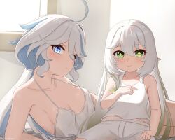 Rule 34 | 2girls, ahoge, bare shoulders, blue eyes, breasts, camisole, collarbone, commentary request, furina (genshin impact), genshin impact, green eyes, hair down, highres, indoors, long hair, looking at viewer, mockingeu, multiple girls, nahida (genshin impact), pointy ears, shorts, sleeveless, small breasts, smile, spaghetti strap, tank top, very long hair, white hair, white shorts, white tank top