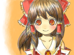 Rule 34 | 1girl, bare shoulders, blush, bow, collar, collarbone, detached sleeves, face, female focus, frills, hair bow, hair tubes, hakurei reimu, long hair, looking at viewer, ponytail, red bow, ribbon-trimmed sleeves, ribbon trim, sidelocks, simple background, smile, solo, takanashi minato, tareme, touhou, vest, yellow background