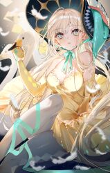 Rule 34 | 1girl, ahoge, bare shoulders, bird, blonde hair, blue eyes, breasts, comiket 103, dress, elbow gloves, feathers, gloves, hat, highres, long hair, looking at viewer, medium breasts, miwano rag, official art, pantyhose, solo, swan, yellow dress, yellow gloves