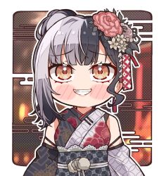 Rule 34 | 1girl, black hair, blush, blush stickers, chibi, flower, hair flower, hair ornament, highres, hololive, hololive english, japanese clothes, kimono, kukie-nyan, long hair, looking at viewer, multicolored hair, official alternate costume, open mouth, shiori novella, shiori novella (new year), smile, solo, split-color hair, virtual youtuber