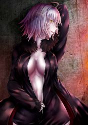 Rule 34 | 1girl, against wall, ahoge, arm behind back, black dress, black sweater, breasts, cardigan, cleavage, dress, fate/grand order, fate (series), hair between eyes, head tilt, highres, jeanne d&#039;arc (fate), jeanne d&#039;arc alter (fate), jeanne d&#039;arc alter (ver. shinjuku 1999) (fate), looking at viewer, medium breasts, no bra, official alternate costume, open cardigan, open clothes, open mouth, partially unzipped, penguintake, short dress, short hair, silver hair, smile, solo, standing, sweater, unzipping, yellow eyes