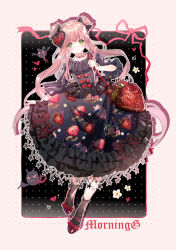Rule 34 | 1girl, :o, absurdres, bag, black bow, black dress, black socks, bow, clothes writing, double bun, dress, flower, food print, food themed bag, frilled dress, frilled sleeves, frills, full body, green eyes, hair bow, hair bun, hair ornament, heart, heart hair ornament, highres, holding strap, jewelry, lolita fashion, long hair, looking at viewer, original, outline, pendant, pink hair, pink ribbon, print dress, red bow, red footwear, ribbon, short sleeves, shoulder bag, socks, solo, star (symbol), strawberry bag, strawberry print, twintails, very long hair, white outline, yuzhi