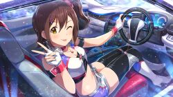 Rule 34 | boots, brown hair, fingerless gloves, gloves, hair ornament, hair scrunchie, high heel boots, high heels, idolmaster, idolmaster million live!, idolmaster million live! theater days, kasuga mirai, official art, one eye closed, race queen, scrunchie, sitting, steering wheel, thighhighs, tongue, tongue out, yellow eyes