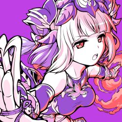 Rule 34 | 1girl, claw (weapon), detached sleeves, double bun, dress, fingernails, fire, haku (p&amp;d), highres, ishiyumi, long hair, looking at viewer, multicolored hair, open mouth, outstretched arms, purple background, purple hair, puzzle &amp; dragons, red theme, simple background, solo, taut clothes, taut dress, two-tone hair, weapon, white hair