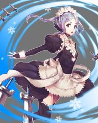 Rule 34 | 1girl, blue hair, bridal gauntlets, danno gs, fire emblem, fire emblem fates, flora (fire emblem), gem, grey eyes, highres, juliet sleeves, knife, long sleeves, maid, maid headdress, nintendo, open mouth, puffy sleeves, snowflakes, solo, thighhighs, zettai ryouiki