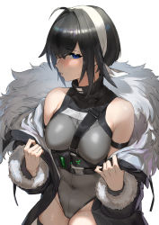 Rule 34 | 1girl, absurdres, adapted costume, ahoge, arknights, arm strap, armpit crease, bare shoulders, between breasts, black coat, black hair, blue eyes, blush, breasts, chinese commentary, coat, commentary request, covered erect nipples, covered navel, cowboy shot, crossed bangs, dawalixi, feather hair, fur-trimmed coat, fur-trimmed sleeves, fur trim, grey leotard, groin, hair between eyes, hair intakes, hair over one eye, hairband, hands up, highres, la pluma (arknights), leotard, long sleeves, looking at viewer, looking to the side, medium breasts, nose blush, off shoulder, one eye covered, open clothes, open coat, parted lips, short hair, sideways glance, simple background, solo, standing, sweat, white background, white hairband