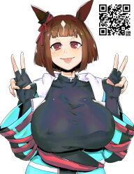 Rule 34 | 1girl, absurdres, animal ears, black sweater, blue jacket, breasts, brown hair, closed mouth, commentary request, double v, ear ornament, highres, horse ears, horse girl, jacket, jacket partially removed, large breasts, long sleeves, minew, multicolored clothes, multicolored hair, multicolored jacket, no eyewear, qr code, red eyes, short hair, simple background, smile, solo, streaked hair, sweater, tongue, tongue out, transcend (umamusume), umamusume, v, white background, white hair