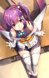 Rule 34 | 1girl, absurdres, akasaai, bare shoulders, blunt bangs, blush, braid, closed mouth, detached sleeves, feet out of frame, from above, furisode, hair between eyes, hair ornament, highres, japanese clothes, kimono, miniskirt, obi, pleated skirt, purple hair, red eyes, sash, short hair, side braid, side ponytail, sitting, skirt, smile, solo, tenjin kotone, tenjin kotone (channel), thighhighs, thighs, virtual youtuber, white thighhighs, zettai ryouiki