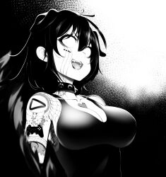 Rule 34 | 1girl, blank eyes, breasts, collar, collarbone, controller, facial mark, fang, flower tattoo, game controller, greyscale, hair between eyes, heart, highres, hololive, inugami korone, medium breasts, monochrome, open mouth, porougon, short hair, solo, spider web tattoo, spiked collar, spikes, tank top, tattoo, upper body, virtual youtuber