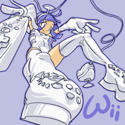 Rule 34 | 1girl, blue eyes, blue hair, console, epic, looking down, lowres, nintendo, personification, purple background, simple background, wii-tan