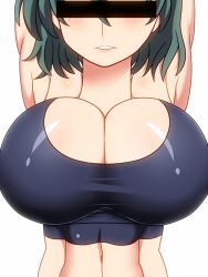 Rule 34 | 1girl, abs, amazon (taitaitaira), arms up, bar censor, blush, breasts, bursting breasts, censored, cleavage, female focus, green hair, huge breasts, kazami yuuka, large breasts, muscular, muscular female, parted lips, simple background, solo, sports bra, teeth, toned, touhou