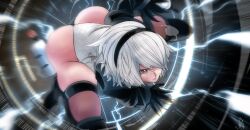 Rule 34 | 1girl, 2b (nier:automata), ass, black footwear, black gloves, black hairband, black sleeves, black thighhighs, blue eyes, boots, commentary request, derivative work, electricity, feather-trimmed sleeves, feather trim, gloves, granblue fantasy, granblue fantasy versus: rising, hairband, highleg, highleg leotard, highres, huge ass, juliet sleeves, kinakomochi (user vedc2333), leotard, lips, long sleeves, motion blur, nier:automata, nier (series), no blindfold, puffy sleeves, screencap redraw, serious, shiny skin, short hair, solo, squatting, thigh boots, thighhighs, thighs, thong leotard, white hair, white leotard, wide hips