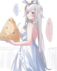 Rule 34 | 1girl, :t, afterimage, ahoge, animal ears, backless dress, backless outfit, bare arms, bare shoulders, blush, breasts, closed mouth, dress, ear wiggle, eating, food, food on face, fried rice, grey eyes, grey hair, ha (hura76752775), highres, holding, holding plate, holding spoon, horse ears, horse girl, horse tail, long hair, medium breasts, multicolored hair, oguri cap (umamusume), plate, simple background, sleeveless, sleeveless dress, solo, spoon, tail, translation request, two-tone hair, umamusume, v-shaped eyebrows, very long hair, wavy mouth, white background, white dress, white hair
