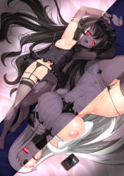 Rule 34 | 10s, 2girls, abyssal ship, bad id, bad pixiv id, bare shoulders, black hair, black legwear, black panties, blush, breasts, cellphone, claws, curvy, detached sleeves, dress, flat chest, garter belt, garter straps, glowing, glowing eyes, gothic lolita, horns, huge breasts, isolated island oni, kantai collection, lolita fashion, long hair, looking at viewer, lying, matanonki, multiple girls, navel, nipples, on back, open mouth, panties, panty pull, pantyhose, phone, red eyes, seaport princess, short dress, side-tie panties, sideboob, single horn, smile, sweater, sweater dress, thighhighs, torn clothes, torn legwear, underwear, untied panties, very long hair, white hair, wide hips