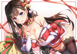 Rule 34 | 1girl, bad id, bad pixiv id, bare shoulders, bell, black thighhighs, blue eyes, blush, bow, bowtie, breasts, bridal gauntlets, brown hair, cleavage, collarbone, detached sleeves, dress, dutch angle, finger to face, fur-trimmed dress, fur-trimmed sleeves, fur trim, gradient background, hair bell, hair ornament, hair ribbon, jewelry, lace, lace-trimmed legwear, lace trim, large breasts, long hair, looking at viewer, nail polish, necklace, original, panties, pendant, pink background, pink nails, pom pom (clothes), red bow, red bowtie, red dress, red ribbon, ribbon, sack, shiny skin, short dress, side-tie panties, side slit, solo, striped bow, striped bowtie, striped clothes, striped neckwear, thigh strap, thighhighs, underwear, very long hair, yuxian youka