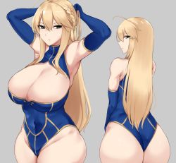 Rule 34 | 1girl, ahoge, armpits, artoria pendragon (fate), artoria pendragon (lancer) (fate), ass, blonde hair, breasts, cleavage, covered navel, elbow gloves, erimiko, fate/grand order, fate (series), gloves, green eyes, grey background, hair down, highres, huge ass, huge breasts, leotard, long hair, solo, thick thighs, thighs