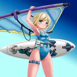 Rule 34 | 1girl, :o, arm up, armpits, bare arms, bare shoulders, blonde hair, blue background, blue eyes, blue one-piece swimsuit, blush, breasts, casual one-piece swimsuit, commentary request, covered navel, gluteal fold, gradient background, grey hair, highres, kaze makase, one-piece swimsuit, original, parted lips, small breasts, solo, surfboard, swimsuit