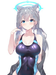 Rule 34 | animal ear fluff, animal ears, black one-piece swimsuit, blue archive, blue eyes, competition swimsuit, covered navel, cross hair ornament, extra ears, grey hair, grey jacket, hair ornament, halkawa501, halo, highres, jacket, long hair, low ponytail, mismatched pupils, multicolored clothes, multicolored swimsuit, one-piece swimsuit, shiroko (blue archive), shiroko (swimsuit) (blue archive), simple background, swimsuit, white background, wolf ears