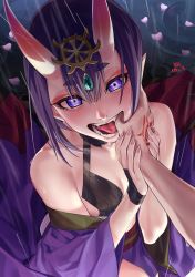 Rule 34 | 1boy, 1girl, absurdres, bob cut, breasts, command spell, eyeliner, fangs, fate/grand order, fate (series), finger in another&#039;s mouth, headpiece, highres, horns, ihavetwoooo, japanese clothes, kimono, makeup, oni, open clothes, open kimono, open mouth, pov, purple eyes, purple hair, purple kimono, short eyebrows, short hair, shuten douji (fate), skin-covered horns, small breasts, solo focus